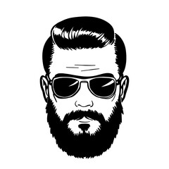 a black and white vector illustration showing a stylized male face with a full beard, mustache, aviator sunglasses, and a neat side-parted hairstyle. 
