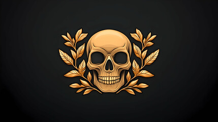 Golden skull adorned with ornate leaf branches against a dark background