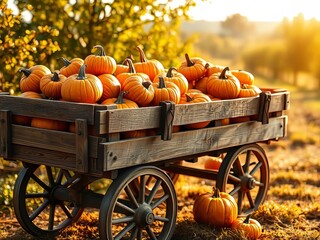 Vibrant Pumpkins in Wooden Cart - AI Photo