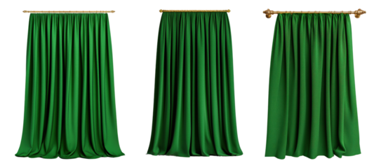 Set of green fabric curtains isolated on transparent background
