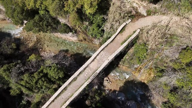 Aerial Footage of a Stone Bridge near Neda Waterfall, Greece