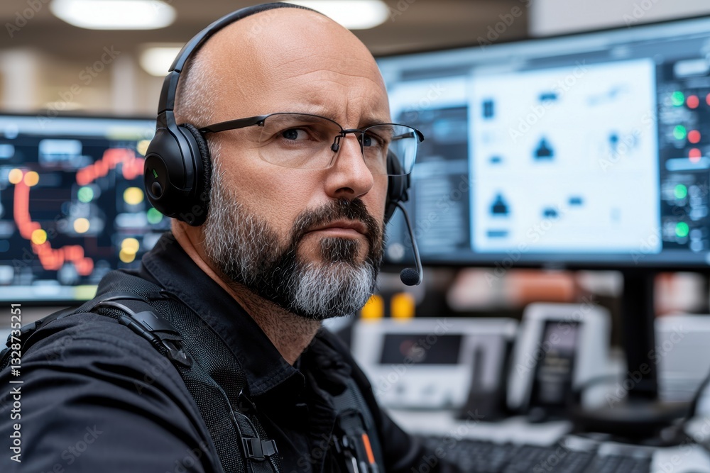 Poster operations manager monitoring team performance in control room high-tech environment close-up perspe