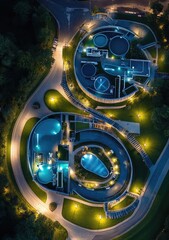 Nighttime Aerial View of Circular Wastewater Treatment Plant