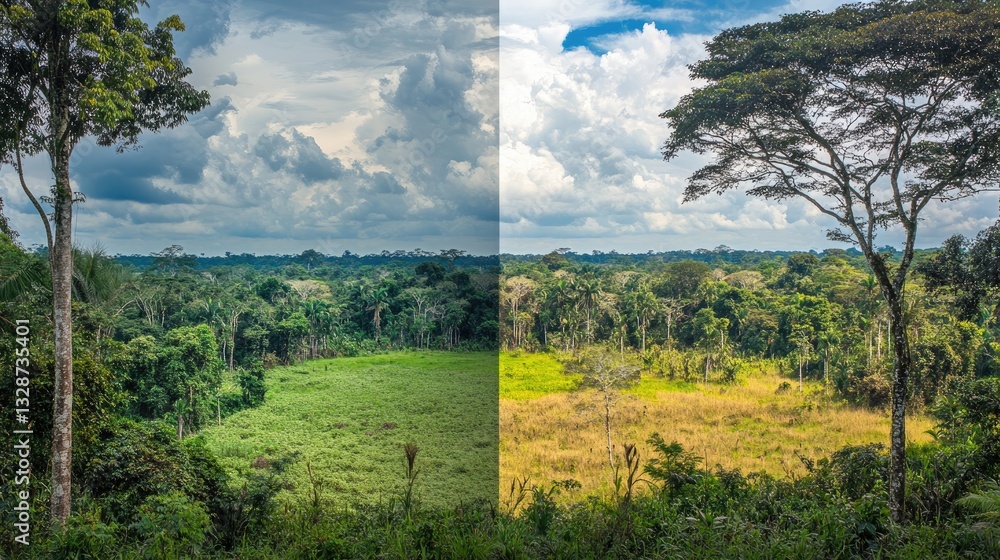 Poster a time-lapse effect of a deforested area regrowing into a thriving forest, highlighting reforestatio