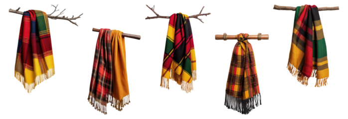 Set of colorful plaid scarves hanging on wooden branches isolated on transparent background