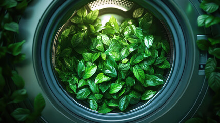 A washing machine drum is filled with vibrant green leaves, highlighting a creative approach to indoor decoration and promoting sustainability. This unique display invites admiration and inspiration