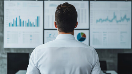 Dynamic shot of disciplined investor reviewing financial data and charts