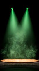 Green spotlights illuminate a smoky stage