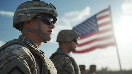 Fototapeta premium Members of the armed forces are lined up in formation outdoors, showcasing their military gear while a large American flag billows in the background under a clear sky