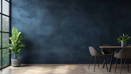Modern Dark Interior Elegant Dining Space with Bold Blue Walls