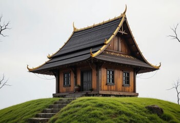 Wooden Asian House on Green Hill with Stone Staircase