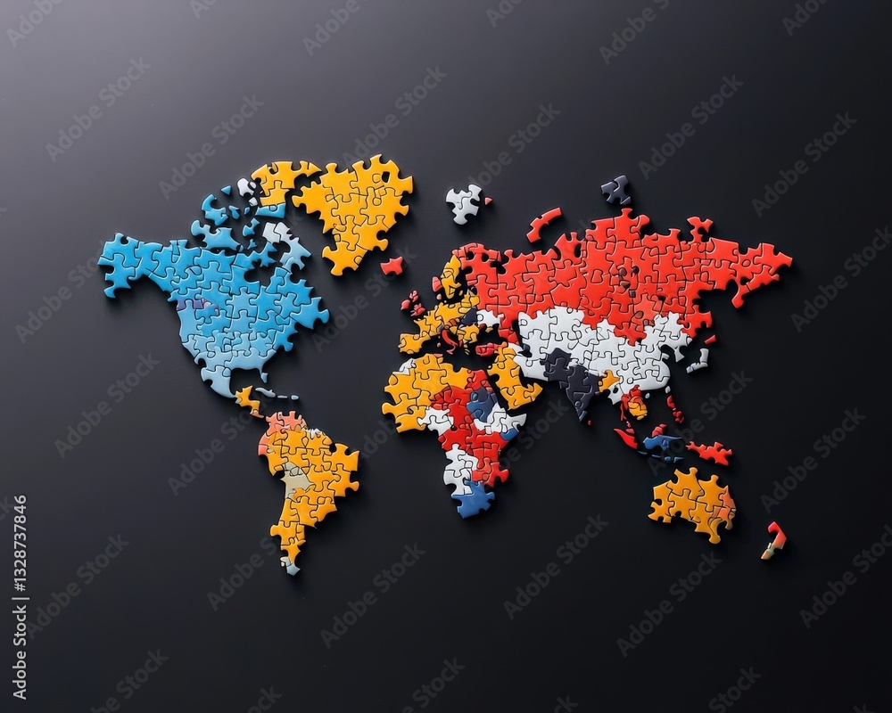 Poster a colorful map made of puzzle pieces, symbolizing global unity.