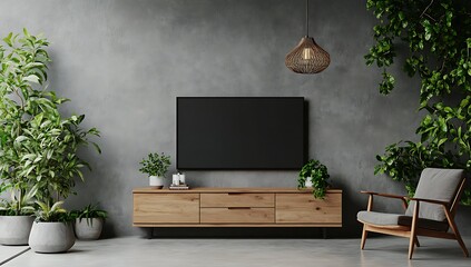 A white television is mounted on the wall above a cabinet in a living room featuring and a minimalist design..