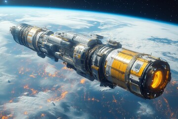 Orbital Colossus: A Massive Spaceship Transiting Earth's Atmosphere with Glowing Engines Amidst a Celestial Starscape