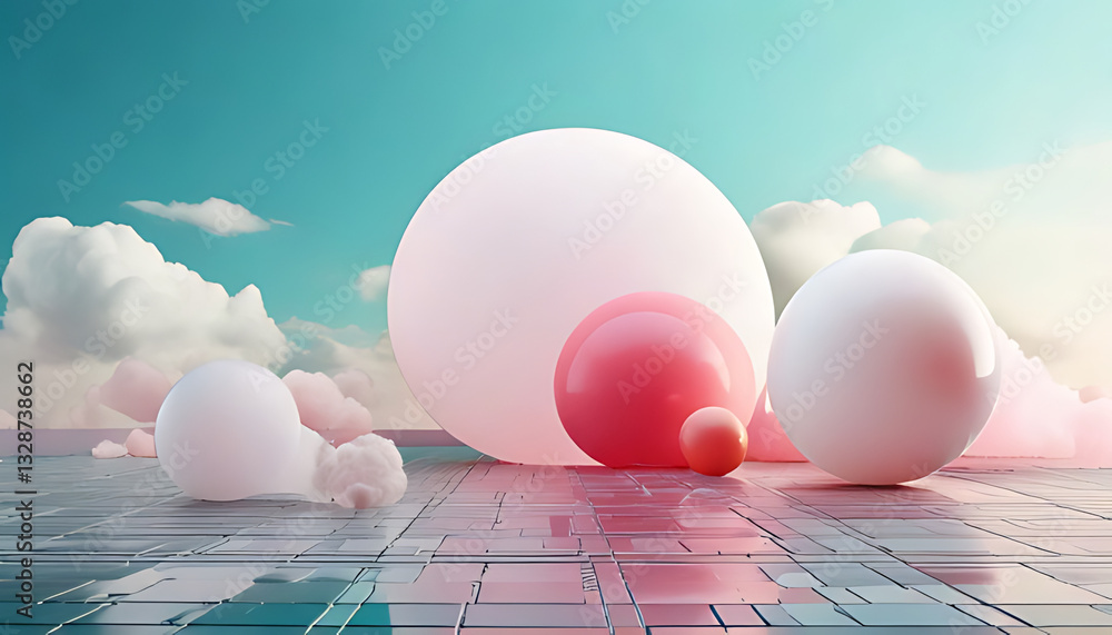 Poster floating colorful spheres in a digital space abstract art modern environment aerial view