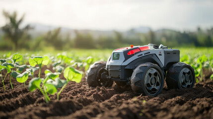 A remote controlled robot navigates through a vibrant green field, tending to young crops under the clear blue sky. This innovation aids farmers in improving productivity