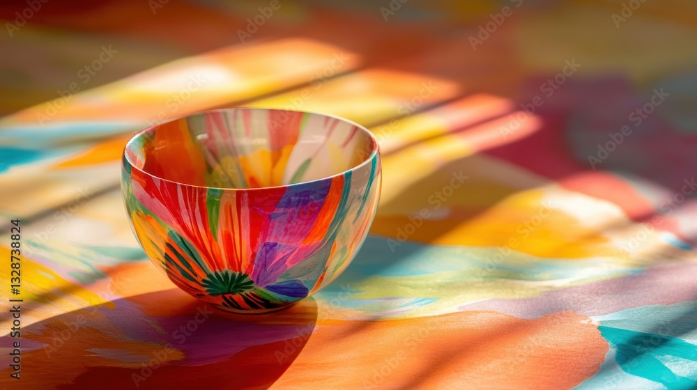 Poster a colorful bowl displayed on a multicolored abstract surface