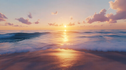 Golden Sands at Sunset: Tranquil Beach and Ocean Waves at Twilight