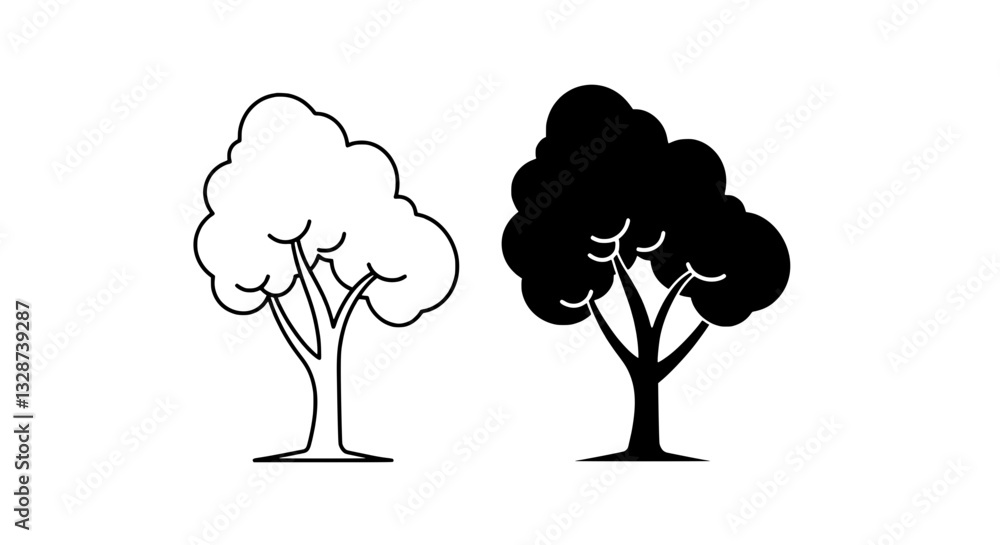 Poster tree illustration in two styles: a minimalist depiction of a tree, presented in both outline and sol