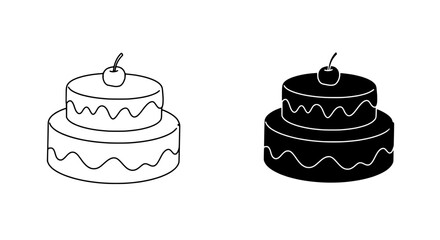 Sweet Celebration: Two-tier cake with cherry, artful cake illustrations in silhouette, ideal for celebrations and bakery themes. 