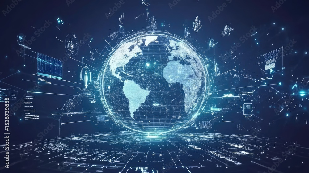 Poster visualization of clean technology with a transparent globe surrounded by futuristic icons representi