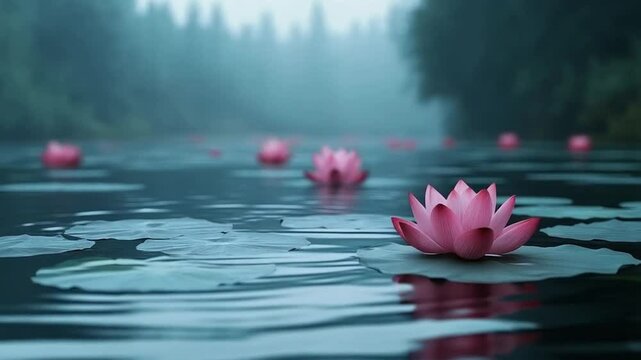 Beautiful pink water lilies floating on still misty lake surrounded by lush greenery