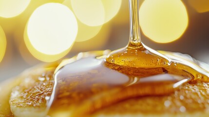 Close-up of a drizzle of honey being poured over a stack of pancakes. the syrup is golden brown and appears to be dripping down the sides of the pancakes, creating a smooth and shiny surface.
