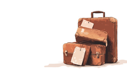 A digital image depicts three vintage suitcases stacked on a white background. The suitcases are brown leather or leather-like material, showing signs of wear and age.  They are rectangular in