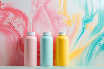 Artistic bottles arrangement with colorful background studio setting photography aesthetic view visual concept