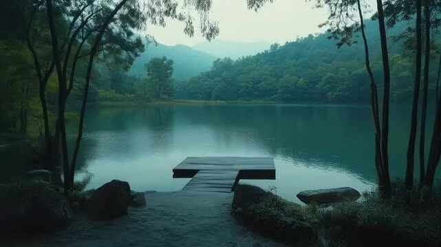 Misty wooden dock overlooking calm lake surrounded by lush hills and trees