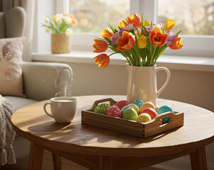 Celebration Easter with painted eggs on table at home. Living room interior with decoration eggs, hot drink and flowers. Festive setting in house