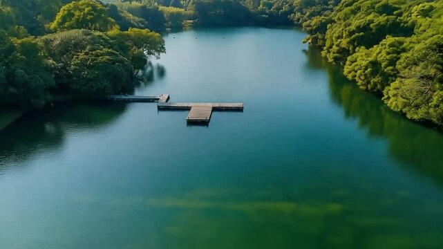Aerial view of tranquil wooden dock on serene lake surrounded by lush green trees and mountains

