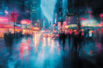 Cityscape twilight, soft neon reflections dancing on wet pavement