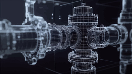 The image depicts a 3D wireframe rendering of complex industrial machinery. The model is presented in a dark background with a translucent, light-blue wireframe structure, highlighting the