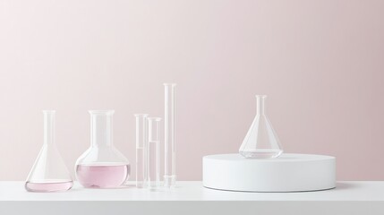 A collection of laboratory glassware set against a soft pink background, featuring various flasks and beakers with a hint of pink liquid.