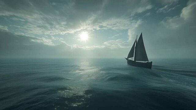 Mystical sailing boat drifting on calm water under cloudy sky with sunlight