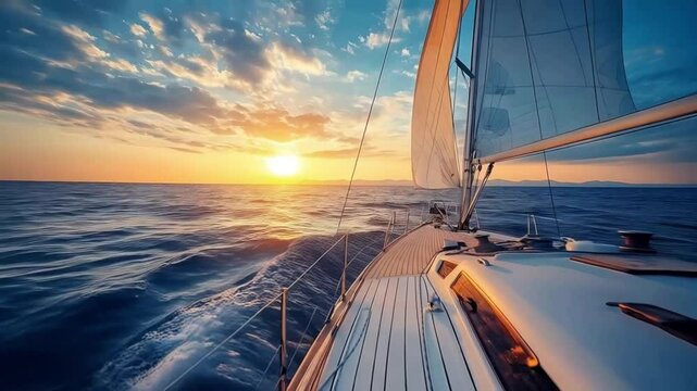 Sailboat navigating the ocean at sunset with vibrant colors and dynamic waves