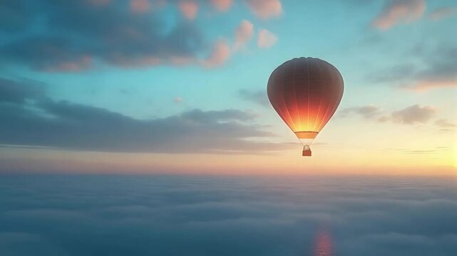 Colorful  air balloon flying into the distance above the clouds at dawn
