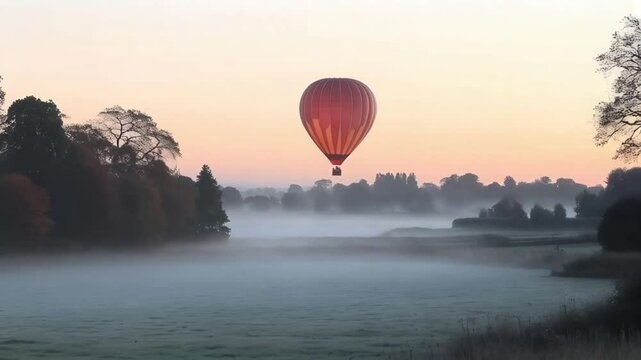 Serene hot air balloon floating above misty landscape at sunrise with soft colors