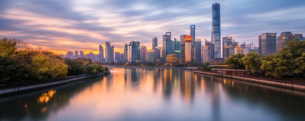 Fototapeta premium A scenic photograph showing a modern city skyline reflecting in water