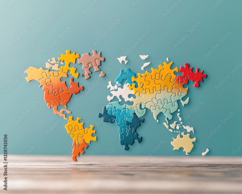 Poster a colorful map made of puzzle pieces, symbolizing global unity.