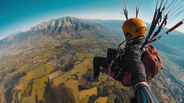 Extreme paragliding adventure over stunning mountainous landscape with clear blue sky
