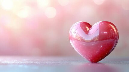 Obraz premium A Beautifully Crafted Glass Heart on a Glimmering Surface Against a Soft Pink Background