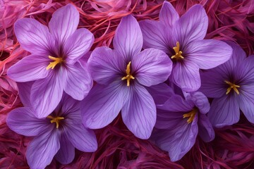 Purple Crocus Flowers on a Red Textured Background: A Detailed Floral Still Life with Vibrant Colors and Delicate Petal Veins, Creating a Sense of Tranquility.
