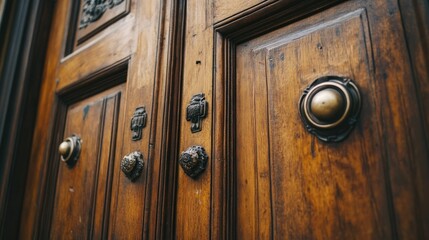 Close up of a decorative ornate wooden door detail