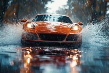 Orange Sports Car Splashing Through Puddle in Heavy Rain, Headlights Illuminating the Storm, Reflecting on the Wet Asphalt Road for a Dynamic Automotive Scene
