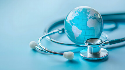 Global Healthcare Concept with Stethoscope and World Globe on Blue Background. A close-up of a stethoscope connected to a globe, symbolizing global healthcare, medical services, and worldwide health