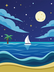 Nighttime Sailboat Scene with a Palm Tree and Moon vector design