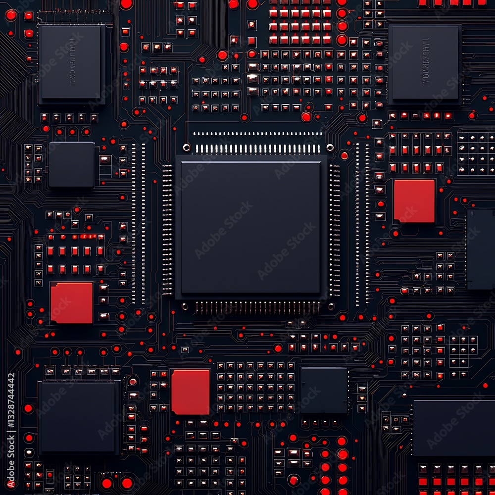 Poster a close-up of a circuit board featuring intricate patterns, various microchips, and vibrant red ligh