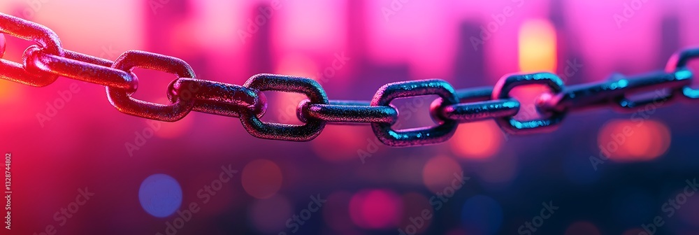 Poster a close-up of a metallic chain, illuminated by vibrant colors, creating a striking visual effect aga